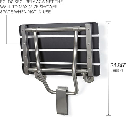 32-inch x 15-inch ADA Folding Wall Mount Bathroom Shower Seat Bench, Black Slatted Phenolic Seat