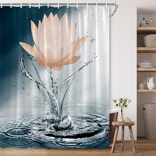 Lotus Shower Curtain Black White Blue Orange Flower Elegant Blooming Floral with Dew Spring Flower Reflection on Water Modern Romantic Polyester Fabric Bathroom Decor 70×70 Inch with Hook