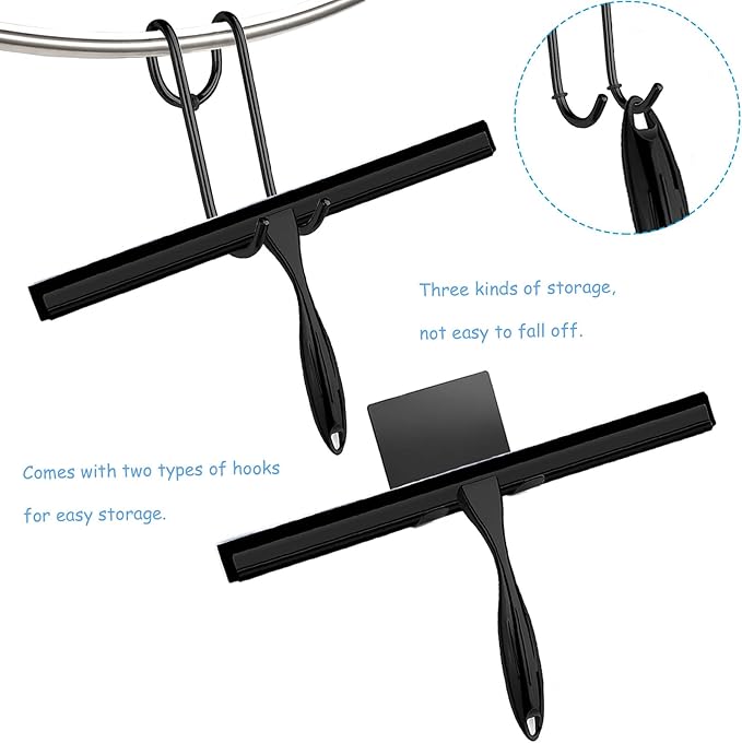 Shower Squeegee for Glass Doors, 12 Inches Bathroom Squeegee with Spare Silicone Blade, Shower Door Hook and Adhesive Hook, Stainless Steel Bathroom Squeegee for Mirror Window (12in-Black-1 Pack)