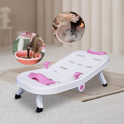 Adjustable Children's Shampoo Chair is Suitable for 0-5 Years Old Bath Seat Bathtub Household Foldable Moisture-Proof Clothes Design (Pink+White)