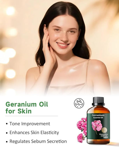 Pure Geranium Essential Oil, Mumianhua Natural Floral Oil for Bedroom Serenity & Garden Freshness, Aromatherapy for Evening Relaxation, Outdoor Ambiance, Reed Diffuser, Skin & Hair Care, 3.38 Fl Oz