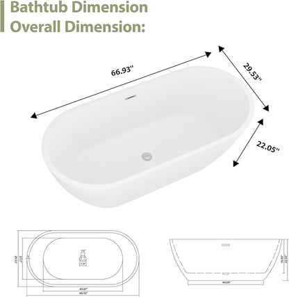 67" Acrylic Freestanding Bathtub - Mocoloo White Oval Shape Soaking Bath Tub with Stainless Drain and Overflow Assembly for Classic Modern Bathrooms