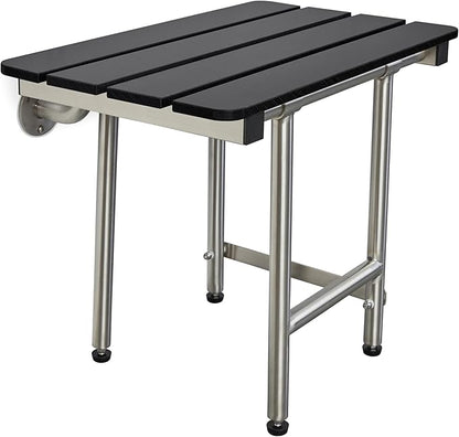 32-inch x 15-inch ADA Bariatric Folding Wall Mount Bathroom Shower Seat Bench with Legs, Black Slatted Phenolic Seat
