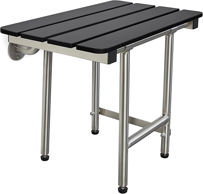 28-inch x 15-inch ADA Bariatric Folding Wall Mount Bathroom Shower Seat Bench with Legs, Black Slatted Phenolic Seat