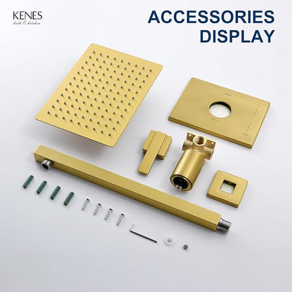KENES Brushed Gold Shower Faucet, Modern Square 10-Inch Shower Head and Handle Set, Bathroom Rainfall Shower System Wall Mount, KE-6024B-4 (Including Shower Valve)