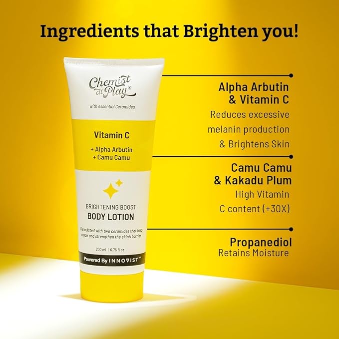 Chemist at Play Brightening Body Lotion with Ceramides | Alpha Arbutin, Camu Camu & Vitamin C | All Skin Types | For Bright, Moisturized & Glowing Skin | 200 ml
