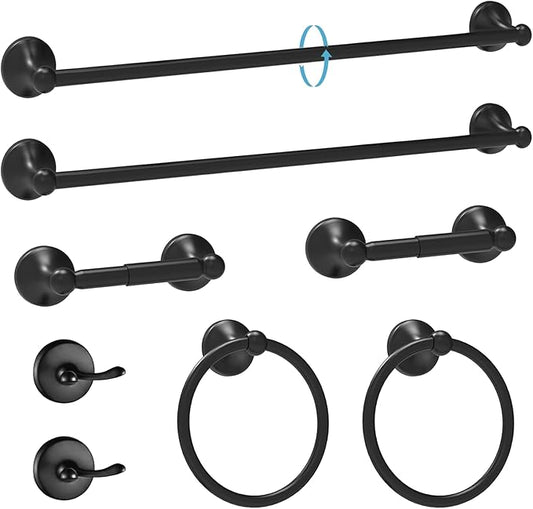 Newfun 8-Pieces 24" Bathroom Hardware Set, Bathroom Accessory Set, Includes 24" Adjustable Bath Towel Bar, Towel Rings Wall Mounted, Toilet Paper Holder, Robe Towel Hooks (Matte Black)