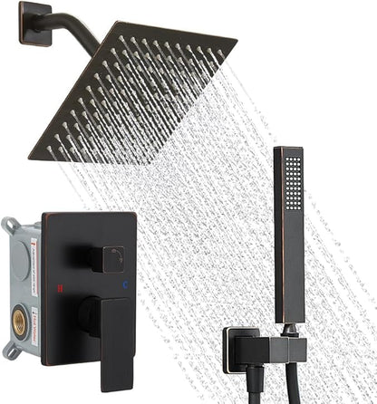 Oil Rubbed Bronze Shower System, 8 Inch High Pressure Rain Shower with Handheld, Wall Mount Shower Faucet Set for Bathroom, Rough-in Valve Body and Trim Included