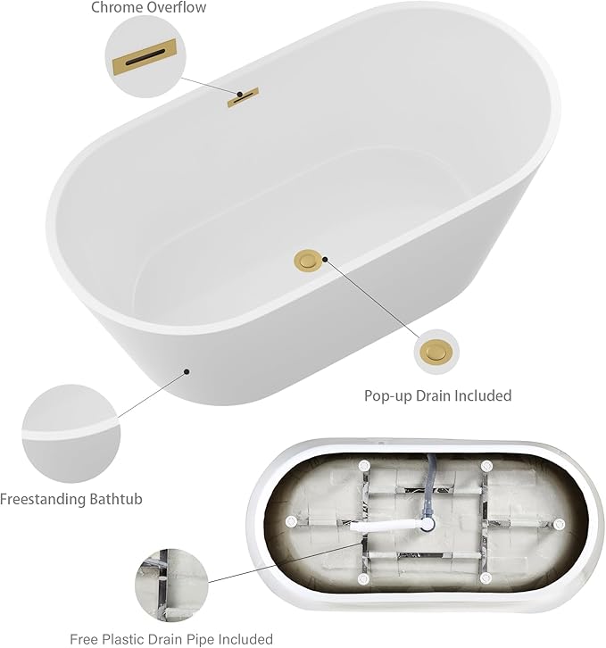 Logmey 59 In White Acrylic Freestanding Bathtub Oval Shape Soaking Tub with Gold Drain & Overflow Assembly for Classic and Modern Bathrooms