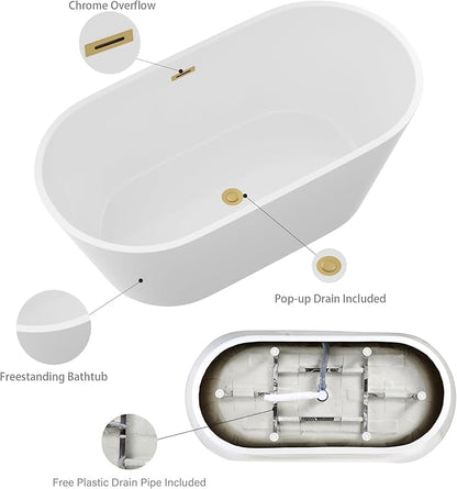 Logmey 59 In White Acrylic Freestanding Bathtub Oval Shape Soaking Tub with Gold Drain & Overflow Assembly for Classic and Modern Bathrooms