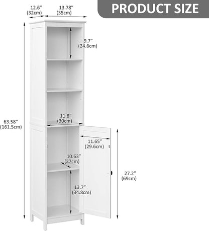 RRX Tall Bathroom Storage Cabinet,Slim Cabinet with Door &Shelf,13.8" L*12.6" W*63.4" H,Freestanding Narrow Cabinet with Anti-Tip,Storage for Kitchen,Entryway (Pure White)