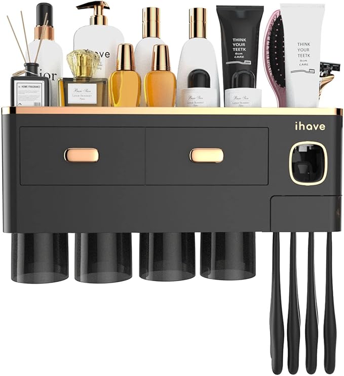 iHave Toothbrush Holders for Bathrooms - Upgrade Wall Mounted Toothbrush Holder with Toothpaste Dispenser - 4 Cups, Large Capacity Tray, 2 Cosmetic Drawer - Bathroom Organizers and Storage