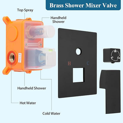 10 inch Square Shower Head and Handheld Set, Gasecoet Shower System with Tub Spout Wall Mounted Shower Faucet for Bathroom - Matte Black (With Shower Valve)