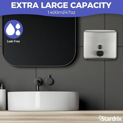 Stainless Steel Extra Large 1400ml/47oz Capacity Industrial Grade Soap Dispenser, Commercial Wall Mount Bathroom Hand Soap Dispenser with Corrosion Proof Lining and Anti-Leak Pump