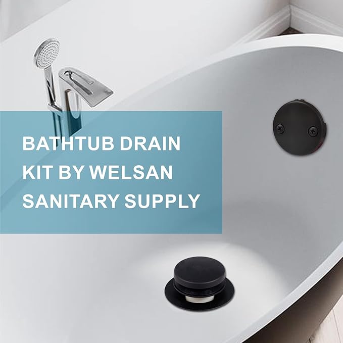 Black Bathtub Drain Tip Toe Tub Conversion Kit, Replacement Bath Tub Drain Trim Kit with Two-Hole Overflow Faceplate and Universal Fine/Coarse Thread Assembly, Matte Black