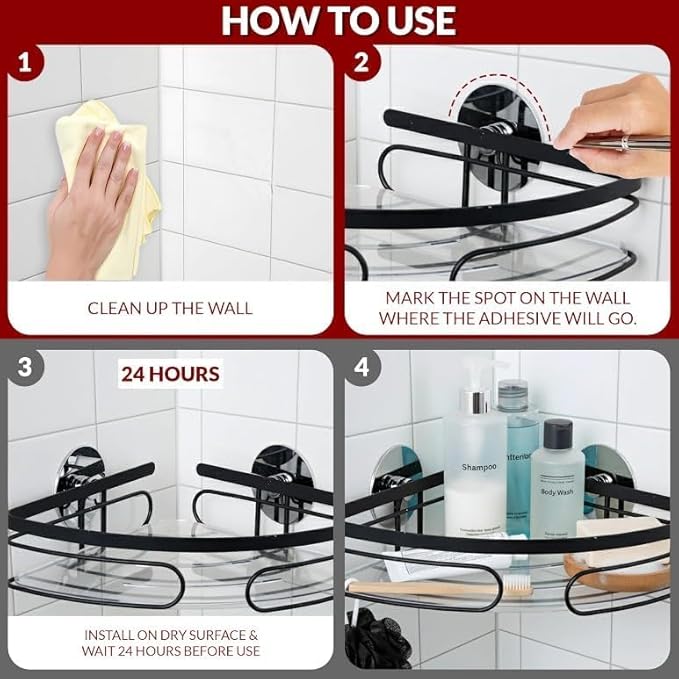 2-Pack Corner Shower Caddy – Rust-Resistant Wall-Mounted Bathroom Organizer with Included No-Drill Adhesives for Shampoo, Soap & Toiletries - Black (1-Layer, Triangle)