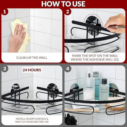 2-Pack Corner Shower Caddy – Rust-Resistant Wall-Mounted Bathroom Organizer with Included No-Drill Adhesives for Shampoo, Soap & Toiletries - Black (1-Layer, Triangle)