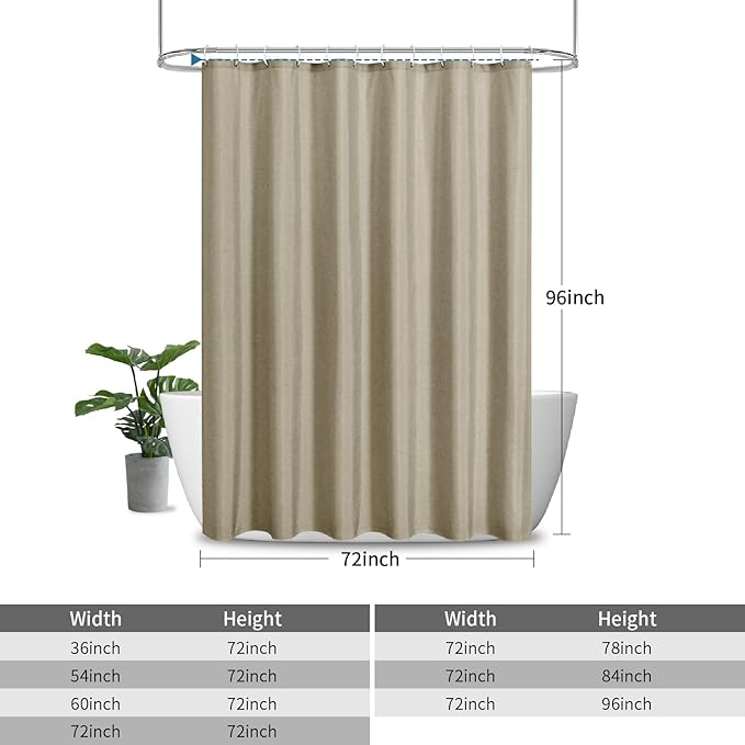 2-in-1 Waterproof Extra Long Fabric Shower Curtain or Liner,Linen Textured,96 Inch Breathable TPU & Washable Bathroom Shower Curtain Set with 12 Plastic Hooks,Modern,72"x96" Khaki