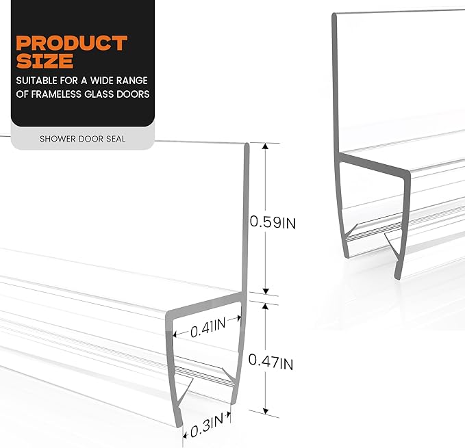 2PCS 78" Shower Door Side Seal Strip for 3/8" (10mm) Frameless Glass, Clear PVC Waterproof Shower Sweep, Easy to Install, No Adhesive Needed, Cuttable & Durable for Leak Prevention