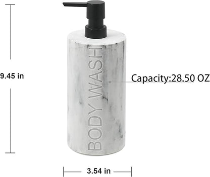 Resin White Marbled Body Wash Engraved Bottle Refillable Pump Dispenser, Durable Waterproof Construction for Bath, Shower - Resin White Marble - Matte Black Pump