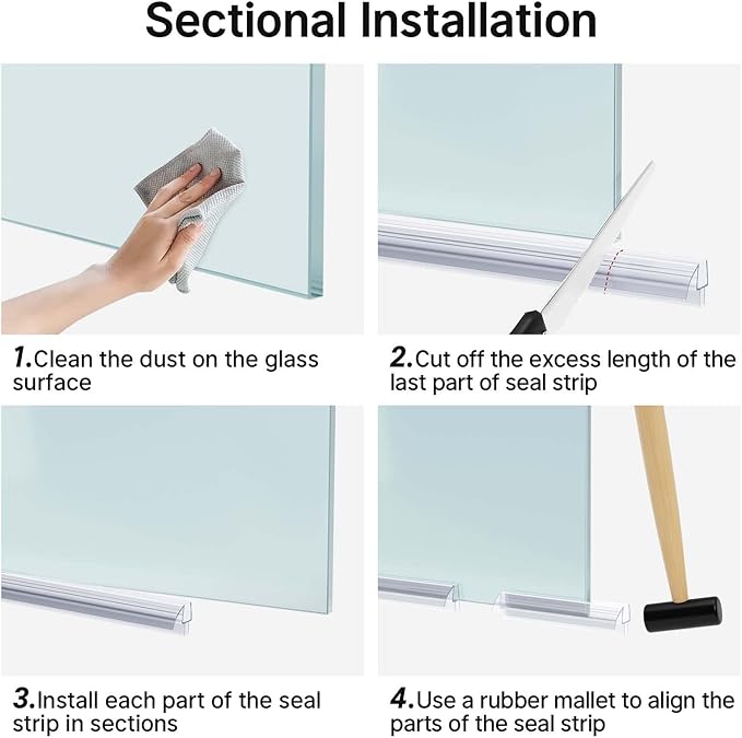 AmazerBath 3 PCS Shower Door Bottom Seal for 3/8 Inch Glass - (15.75 Inches x 3), 3 Section Segmented Shower Installation Kit Frameless Glass Door Seal Strip