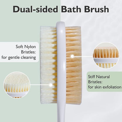 VANZAVANZU 17 Inch Anti-Slip Long Handle Back Scrubber for Shower – Dual-Sided Shower Brush and Shower Back Scrubber with Soft and Stiff Bristles for Wet or Dry Brushing (Blue)