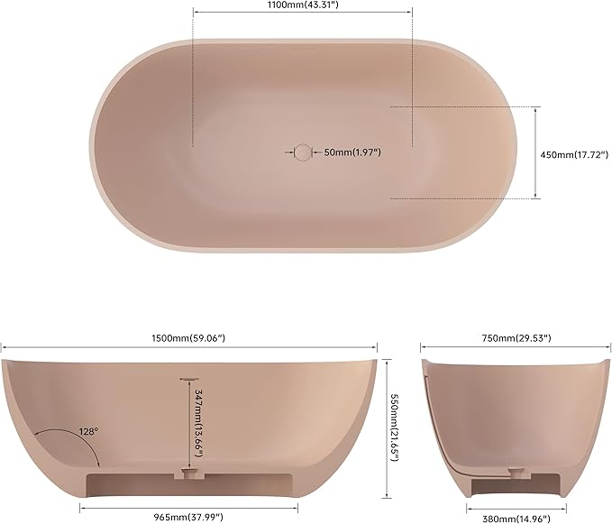 Premium 59" Pink-Sandstone Solid Surface Free Standing Tub, Upgraded Oval Resin Stone Bathtub with Overflow and Pop-up Drain