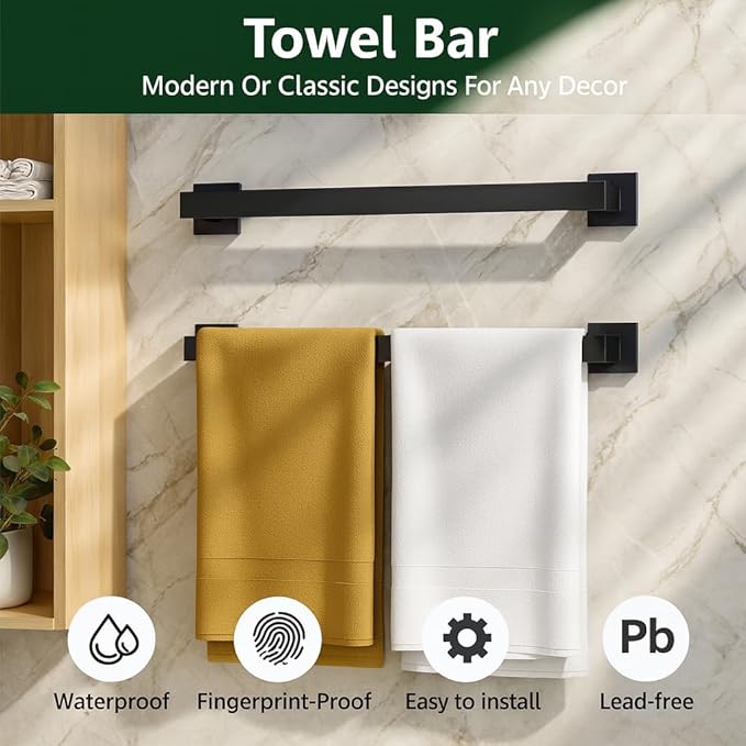 Matte Black 5-Piece Bathroom Hardware Set， INDARE Towel Rack for Bathroom Wall Stainless Steel， Black Bathroom Accessories Set 23.8-Inch