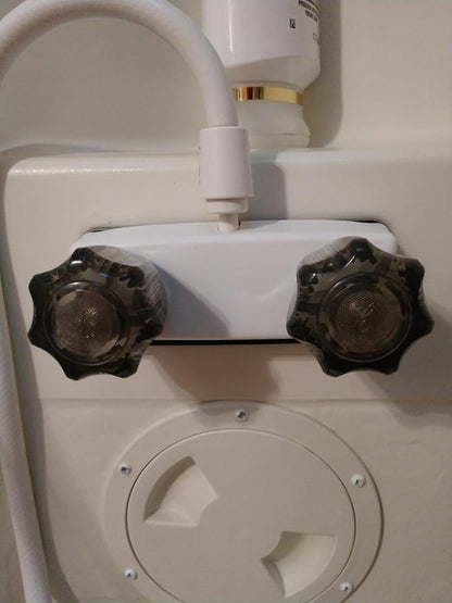 RV Shower Faucet, Camper Shower Faucet Replacement, with 2 knobs 4 Inches Outdoor Faucet use for Mobile outside Van Travel Trailer Motorhome Bathroom and Boat, White