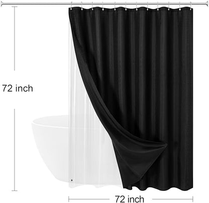 MitoVilla 3 in 1 Shower Curtain Set, Black Boho Farmhouse Linen Textured Bath Curtain and Clear PEVA Liner Set with 12 Double Sided Steel Hooks, Waterproof Fabric Hotel Bathroom Curtain - 72x72