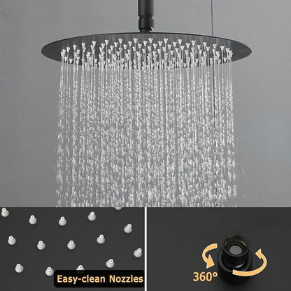 Matte Black Round Shower Faucet Set with Body Jets 12 Inch Shower Head Handheld Shower Combo Set High Pressure Ceiling Mount with Rough-in Valve