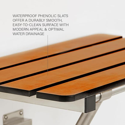 Seachrome 32-inch x 15-inch in ADA Folding Wall Mount Bathroom Shower Seat Bench, Teak Phenolic Seat