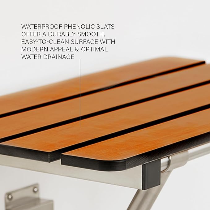 Seachrome 28-inch x 15-inch in ADA Folding Wall Mount Bathroom Shower Seat Bench, Teak Phenolic Seat