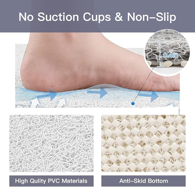 Shower Mat Non Slip,27 x 27 Inch Extra Large Bath Mat with Drain,Soft Square Loofah Shower Stall Mat Bathtub Mat for Bathroom,Without Suction Cups (White)