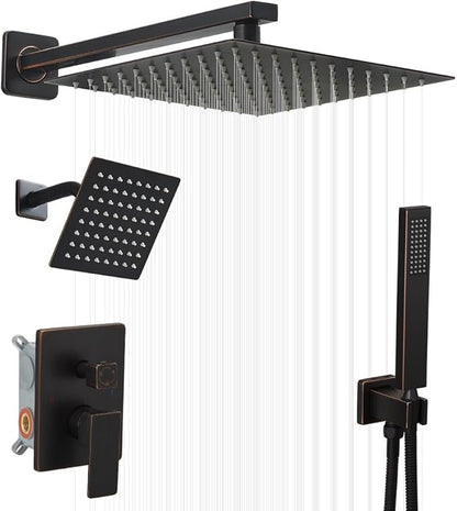Shower Faucet Set Oil Rubbed Bronze Shower System, Knob Switch Diverter Shower Faucet with High Pressure Handheld Spray, Wall Mount 10 Inch Shower Head with 6 Inch Wall Mount Shower Head