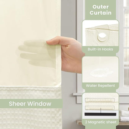 Inhousolu Long No Hook Shower Curtain with Snap in Fabric Liner Set Waffle Weave 230GSM Weighted Hem, Waterproof & Washable Bathroom Curtain Spa Luxury with Mesh Top Window 72" W x 78" L Ivory