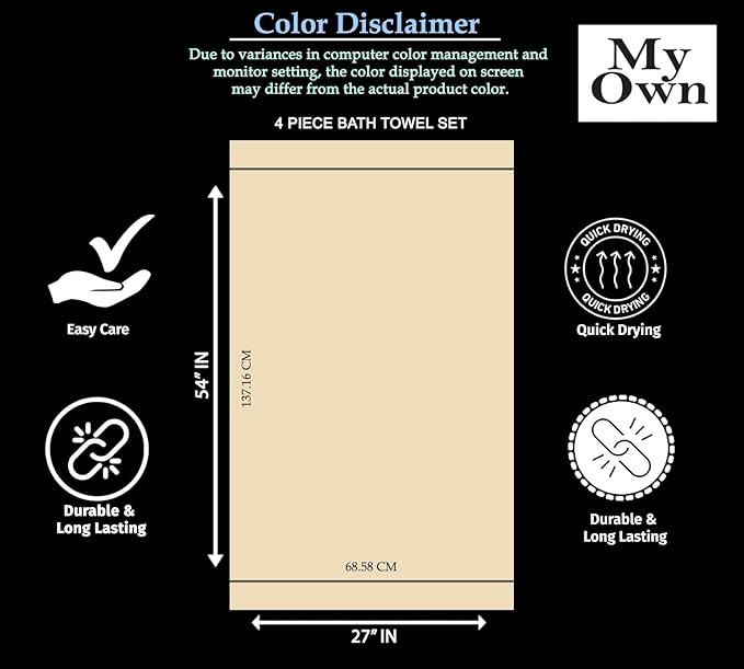 MyOwn Ultra Soft 4 Pack Oversized Bath Towel Set 27x54 inches, 100% Cotton Bath Towels, Highly Absorbant Compact Quickdry & Lightweight Towel, Ideal for Gym Travel Camp Pool - Turquoise Blue