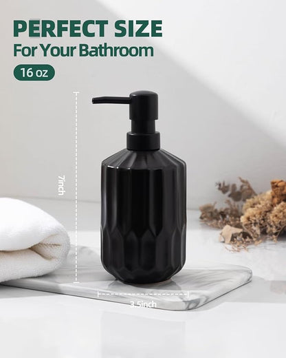Fun Elements Bathroom Soap Dispenser, 16 Oz Luxurious Hand soap Dispenser for Bathroom, Ceramic Liquid Soap Dispenser for Bathroom Countertop with Plastic Pump, Silicone Funnel（Black Bottle）
