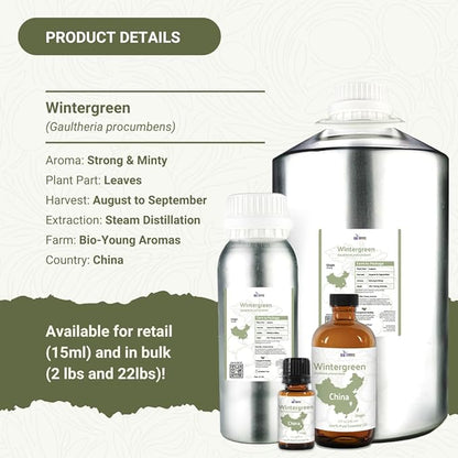 Wintergreen Essential Oil - Direct from Bio-Young Aromas China - Steam Distilled - Aceite de Gaulteria for Aromatherapy, Massage, Diffuser, DIY Candle and Soap Making - 15ml