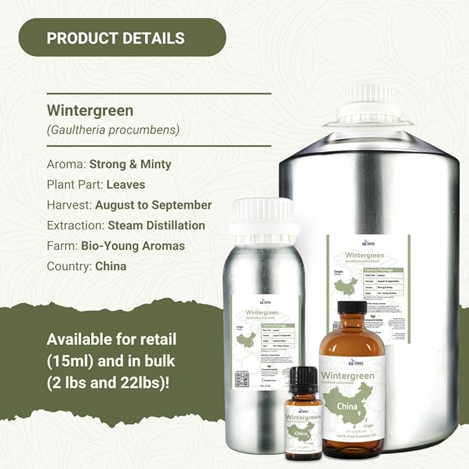 Wintergreen Essential Oil - Direct from Bio-Young Aromas China - Steam Distilled - Aceite de Gaulteria for Aromatherapy, Massage, Diffuser, DIY Candle and Soap Making - 22lbs
