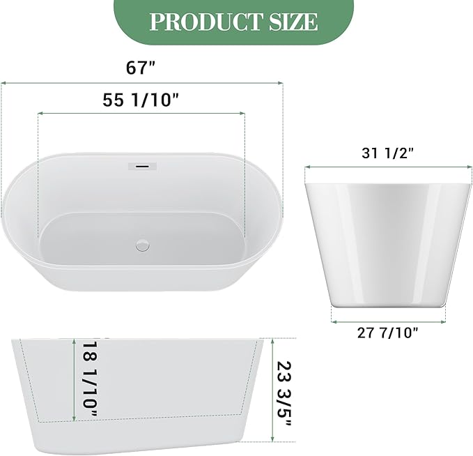 67 Inch Acrylic Soaking Bathtub, Modern Stand Alone Tub for Adults with Sloped Backrest, Chrome Drain & Overflow, cUPC Certified, Easy Installation, White Oval Bath