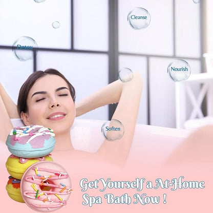 KAV Donut Bath Bombs Gift Set – 4 Piece Handmade Organic Bath Bomb Kit with Essential Oils – Relaxation Spa Gift for Women, Men, Teens, Kids – Self Care & Aromatherapy Soak