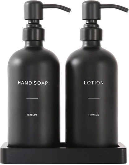 Black Soap Dispenser Bathroom Set, Soap and Lotion Dispenser Set with Stainless Steel Pump, Perfect for Bathroom Decor. (Black)
