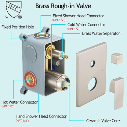 Shower Faucet Set Complete, Wall Mount Shower System for Bathroom 12 Inch High-Pressure Rainfall Shower with Handheld, Rough-in Valve Body and Trim Kit, Brushed Nickel