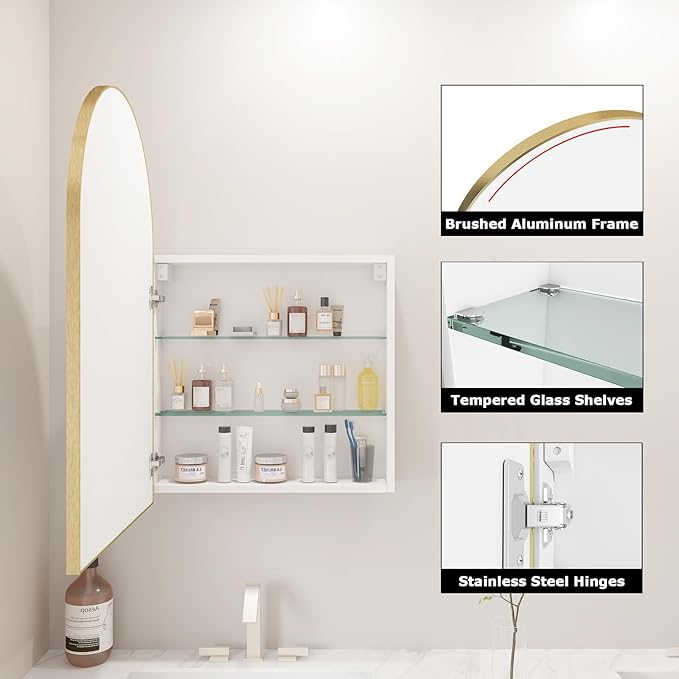 FKWin Gold Medicine Cabinet Mirror, Surface Mount Bathroom Storage Cabinet with Mirror for Left or Right Opening, not Recessed, Modern Vanity Bathroom Mirror with Storage, Gold, 20x30 inch