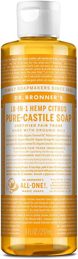 Dr. Bronner's - Pure-Castile Liquid Soap (Citrus, 8 ounce) - Made with Organic Oils, 18-in-1 Uses: Face, Body, Hair, Laundry, Pets and Dishes, Concentrated, Vegan, Non-GMO