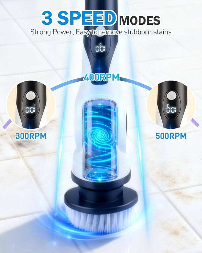 Electric Spin Scrubber, 3-Speed Cordless Shower Scrubber with 90° Adjustable & 10 Replaceable Brush Heads, 90 Mins Runtime & Full-Body IPX7 Waterproof Shower Cleaner Brush with Long Handle