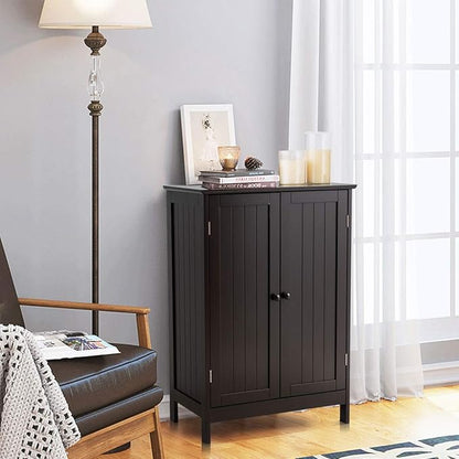 Tangkula Freestanding Storage Cabinet with Double Doors and Shelf, Modern Home Furniture, Wooden Home Organizer for Living Room, Bathroom Storage, Brown