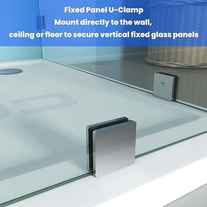 Shower Door Hardware Kit for Frameless Corner Shower Setup, Includes Hinges, Square Pull Handles, U-Clamps and Connector, for 5/16"–3/8" Glass, Bathtub or Standing Shower Use, Chrome