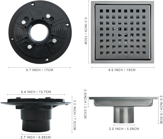 6 Inch Square Shower Drain, SUS 304 Stainless Steel Shower Drain with Flange, Removable Grid Cover Hair Strainer, High Flow Shower Floor Drain, Gun Grey